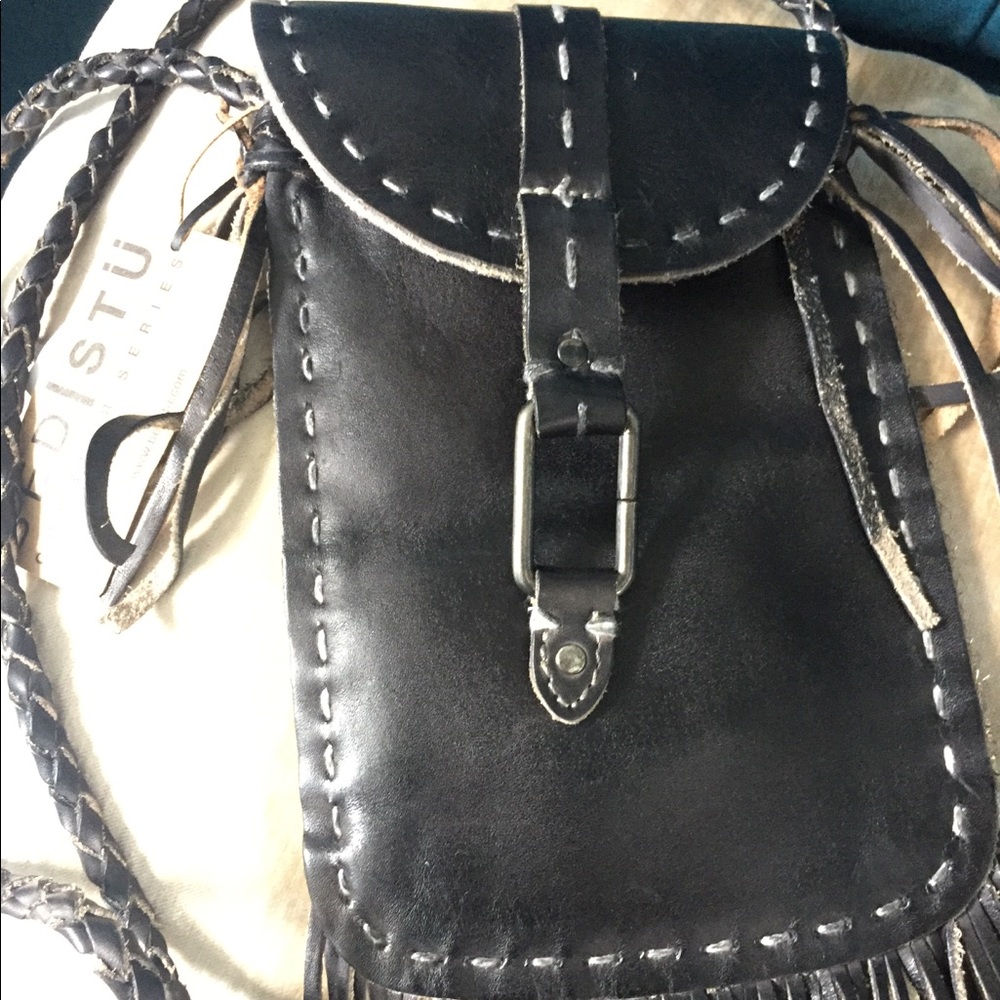 BedStu Black, leather messenger with fringe.